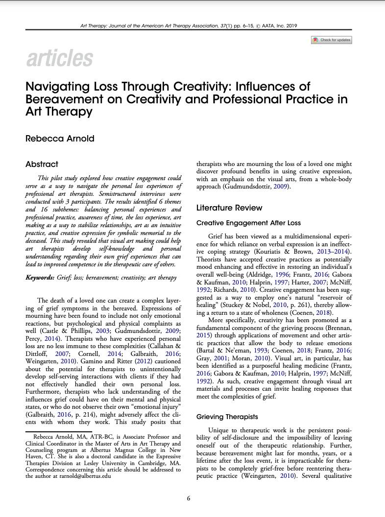 Navigating Loss Through Creativity: Influences of Bereavement on Creativity and Professional Practice in Art Therapy Rebecca Arnold